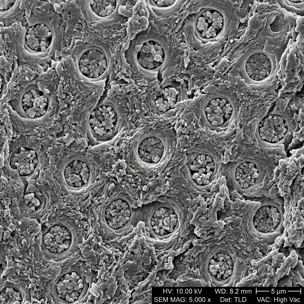 FE-SEM micrograph of dentin with occluded tubules, after treatment