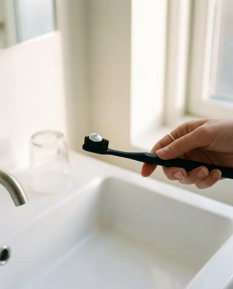 A hand holding a black toothbrush with a small dab of paste on dry bristles above a dry white sink, an empty glass beside the tap