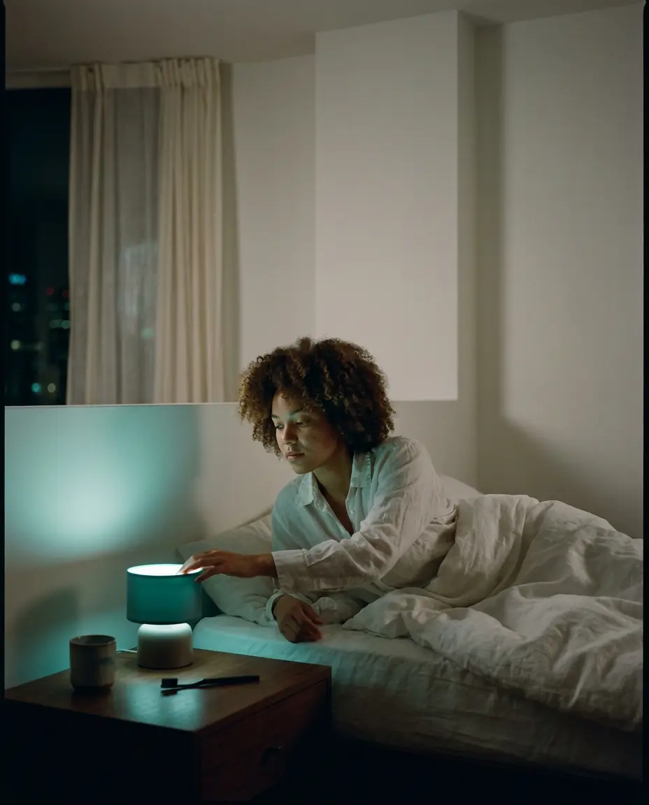 A young woman in bed switching off a teal-glowing bedside lamp as the room falls into darkness