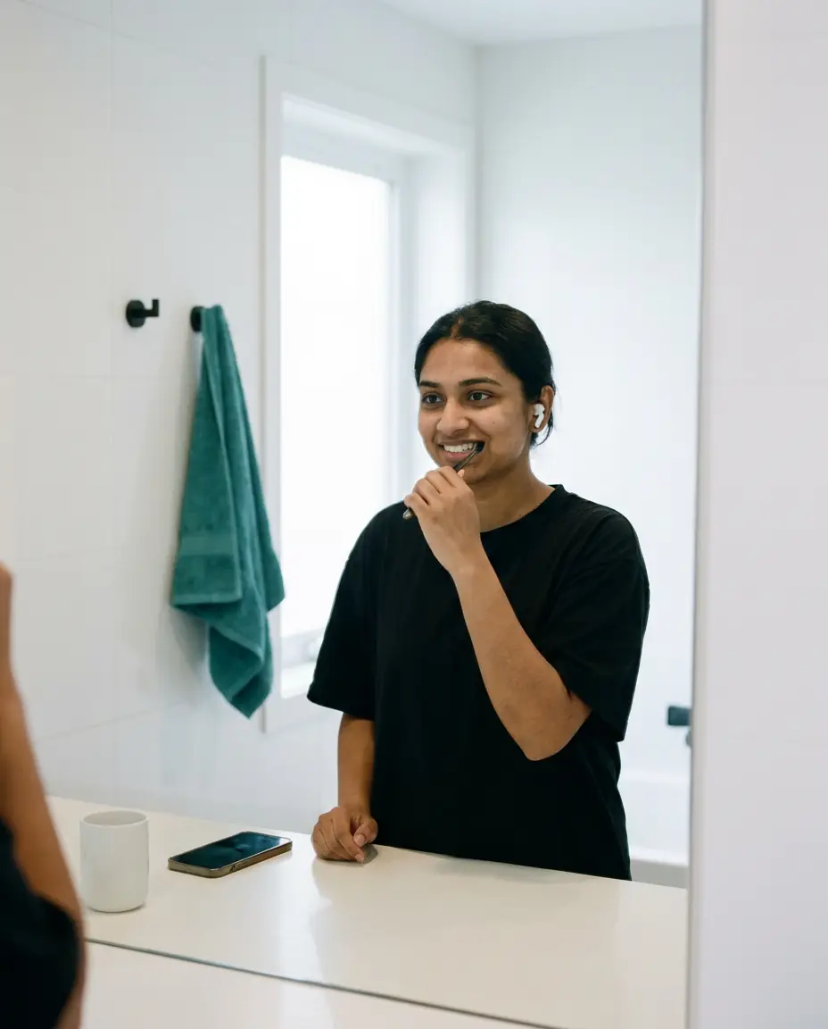 A young woman in a black t-shirt brushing gently and smiling at her reflection in a white bathroom, a teal towel behind her