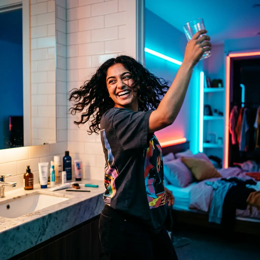 A laughing young woman raising an empty glass as she heads from the sink toward bed